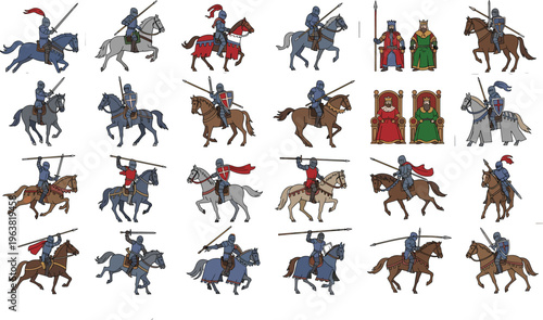 Medieval knights on horseback collection with lances, armor and royal characters, historical cavalry battle scenes set, vector illustration isolated on white background