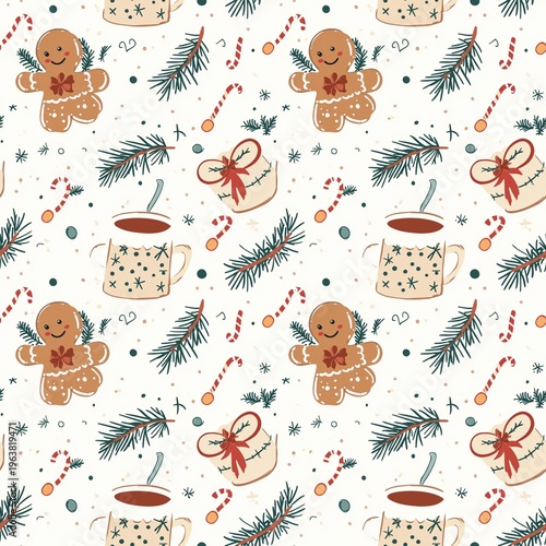 Seamless Christmas pattern with trees gifts snowmen and holiday decorations