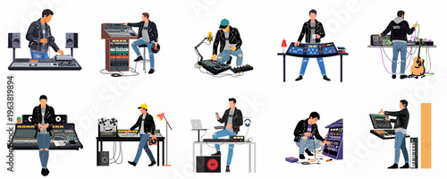 Set of flat vector illustrations depicting a male music producer and sound engineer working with various professional audio equipment in a studio setting.