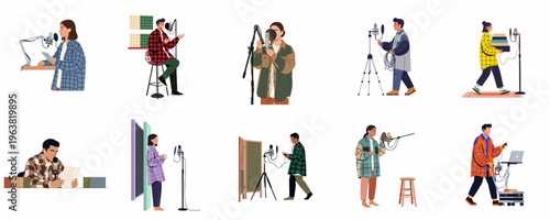 A collection of diverse people recording podcasts and audio in various settings, featuring microphones and headphones in a flat illustration style.