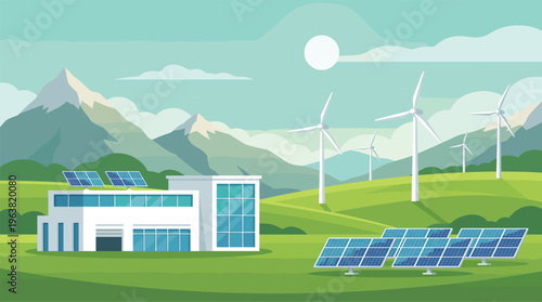 Eco friendly sustainable power plant with wind turbines and solar panels in green field landscape under clear blue sky, vector illustration