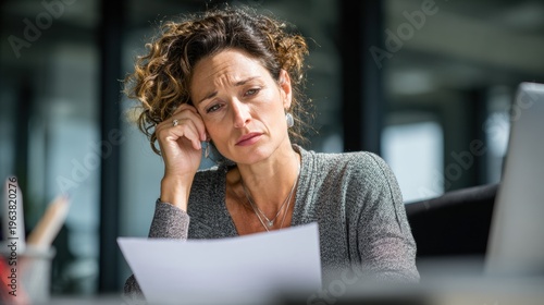 Professional Woman in Office Reacts to Termination Letter While Seated at Her Desk During Working Hours