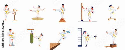 Vector set of martial artists in white uniforms practicing karate training exercises, including balance, kicking techniques, and board breaking on white background.