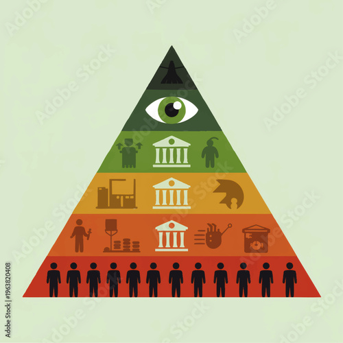 Financial power hierarchy pyramid with business icons, eye surveillance symbol and people silhouettes in flat infographic design