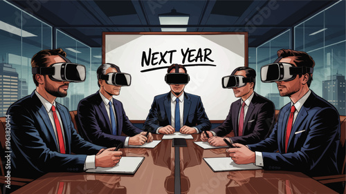 Futuristic business meeting with executives wearing VR headsets in boardroom, virtual reality strategy, planning next year goals
