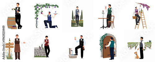 Collection of flat vector illustrations featuring a professional sommelier in various wine-related activities, from harvesting grapes to serving and tasting wine.
