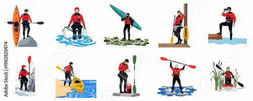 Vector illustration collection of diverse kayakers in red gear enjoying outdoor water sports, paddling, exploring, and navigating through different aquatic environments.