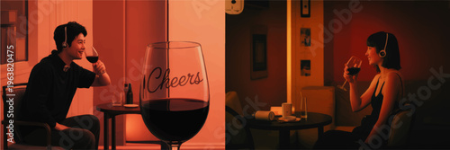 Long distance virtual wine date, smiling couple toasting with red wine and headphones in cozy warm orange evening bar illustration