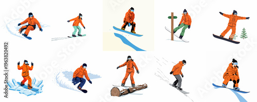 A collection of flat vector illustrations depicting diverse snowboarders in bright orange gear performing jumps, carvings, and maneuvers on snowy slopes.