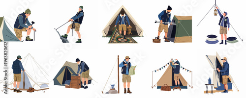 Vector illustration set of a man setting up a campsite, pitching various tents, and organizing outdoor gear for a camping trip.