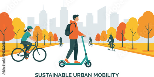 Sustainable urban mobility illustration featuring people riding bicycles and electric scooters on a city park path during autumn season