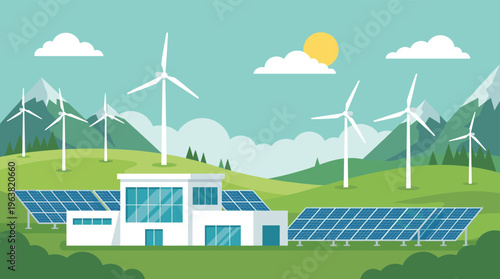 Sustainable renewable energy power plant with solar panels and wind turbines in a green landscape with mountains and sun