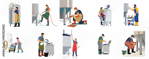 Set of Flat Vector Illustrations Featuring Workers Cleaning, Maintaining, and Operating Industrial Production Equipment in a Brewery or Food Processing Factory