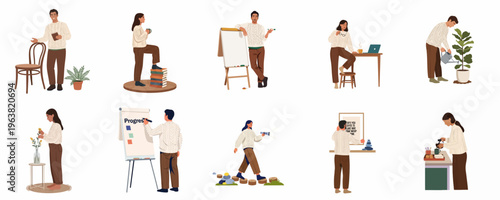 Set of flat vector illustrations featuring diverse people in cozy sweaters engaged in various daily activities, work, and hobbies on white background.