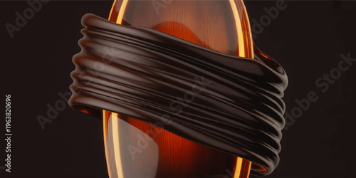 Luxurious dark chocolate splash wrapping glossy amber bottle on black background, 3D abstract liquid design for cosmetics or branding