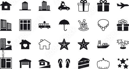 Mixed Icon Collection Featuring Buildings Gifts Transport Beach Objects and Lifestyle Symbols in Minimal Black Vector Design Set