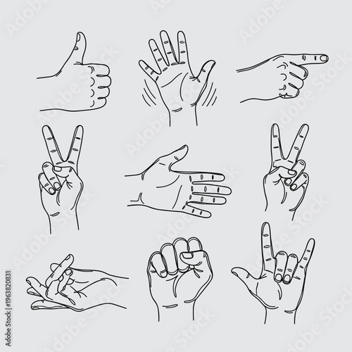 Hands making various finger gestures.