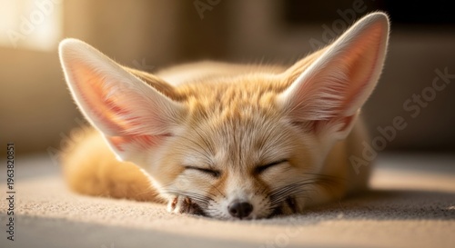 Adorable fennec fox with oversized ears sitting in desert environment, soft natural lighting, exotic wildlife and cute animal concept.