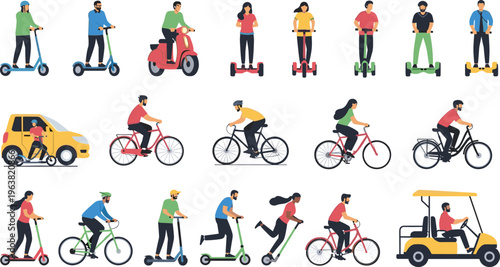 People riding electric scooters, bicycles and urban transport collection, modern city mobility characters set, active lifestyle vector illustration isolated on white background