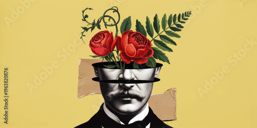 Surreal vintage portrait of man with blooming red flowers and green leaves emerging from sliced head on yellow background