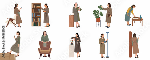 Set of minimalist flat illustrations of a woman engaging in various home lifestyle activities like reading, gardening, and relaxing in modern interiors.