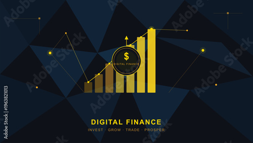 A digital finance chart displaying rising gold bar graphs with a dollar symbol and network lines.
