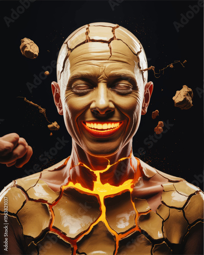 Surreal cracked human portrait with glowing lava core and smiling face, emotional resilience concept on dark black background