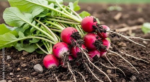 Freshly harvested red radishes bunch.