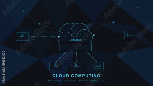 A conceptual digital illustration showing cloud computing connectivity and data flow in networks