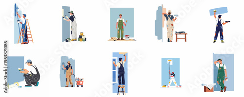 Collection of flat vector illustrations depicting male and female house painters in paint-splattered overalls renovating walls with rollers, brushes, and tools.