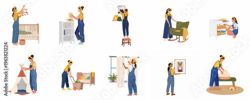 Illustrations of a young woman decorating and preparing a baby's nursery, including furniture assembly, organization, and hanging decor.
