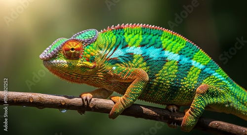 Vibrant chameleon with textured skin sitting on branch, natural light and camouflage concept, exotic reptile macro photography.
