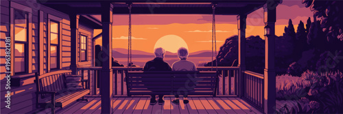 Elderly couple on country porch swing watching tranquil sunset over mountains, warm purple orange illustration of retirement peace