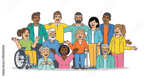 Diverse group of people with disabilities and elderly together smiling and waving outdoors on a sunny day.