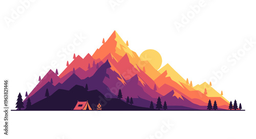 Camping in a serene mountain landscape at sunset with trees and a tent.