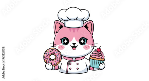 A cheerful pink cat chef holds a donut and cupcake in a bakery setting.