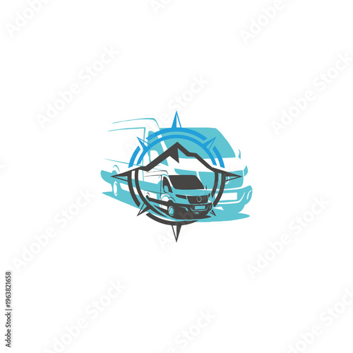 Adventure Compass Logo Van and Mountain Exploration Concept.