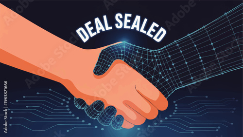 Human and digital handshake sealing deal, technology partnership, fintech agreement, innovation collaboration on dark futuristic background