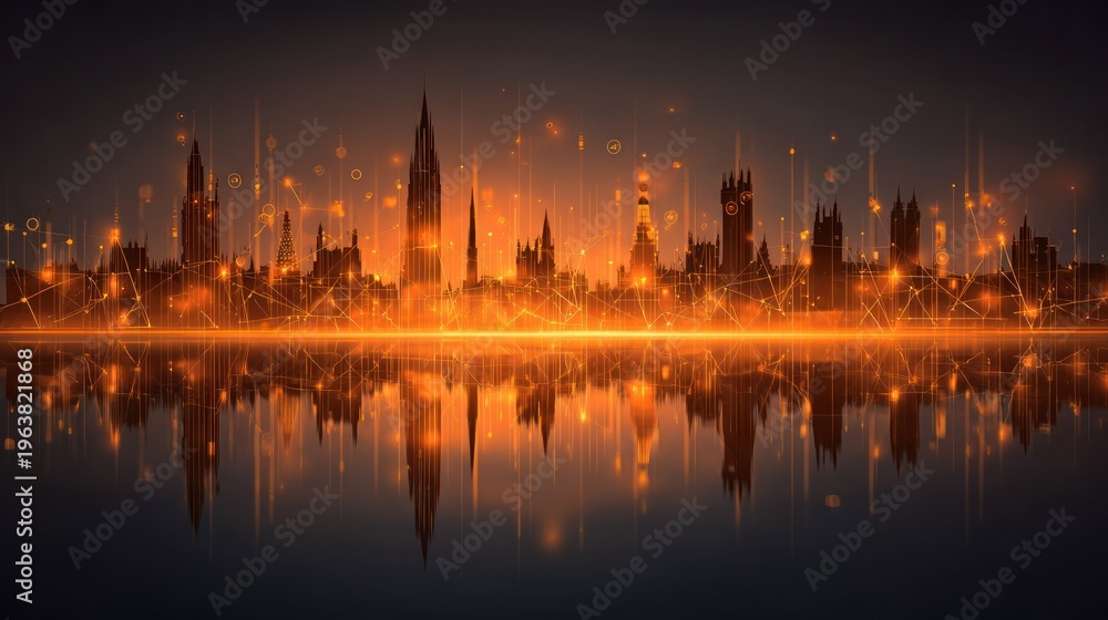 Fototapeta premium Cityscape silhouette reflecting lights against water at dusk with digital effects