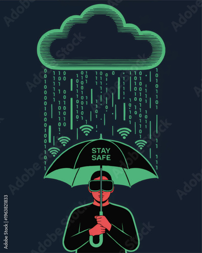 Cyber security concept illustration of person under umbrella staying safe from cloud data rain, internet privacy and online protection