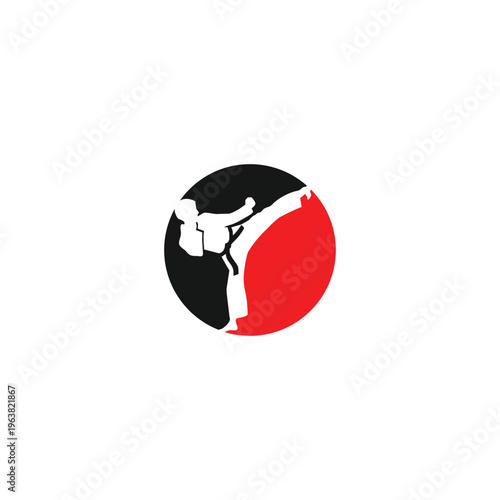 Karate athlete silhouette kicking high in a red and black circle.
