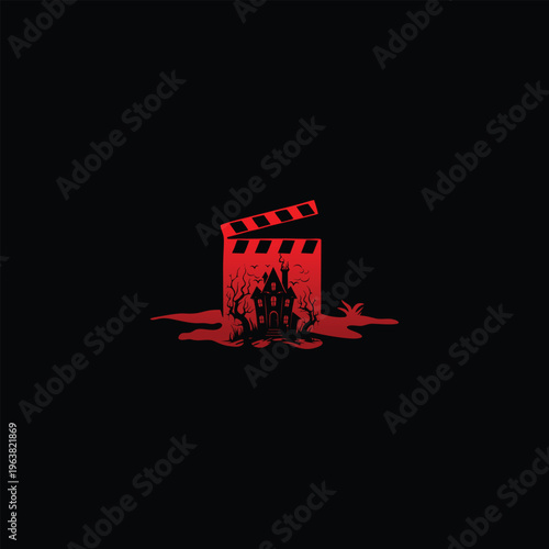 Horror movie clapperboard with a haunted house and blood splatter.