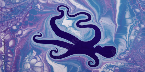 Abstract fluid art silhouette of person falling in dreamy blue purple marbled paint background, modern psychedelic acrylic texture