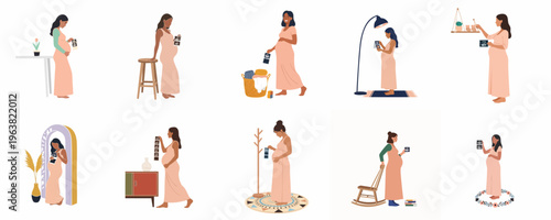 Flat vector illustration set of diverse pregnant women holding ultrasound scans in various domestic settings, reflecting the joy of pregnancy.