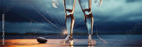 Futuristic chrome humanoid legs on cracked glass surface with stone, cybernetic strength and vulnerability concept at sunset