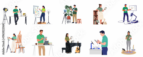 Diverse collection of professionals recording online courses, webinars, and educational content using digital tablets and studio equipment in various creative environments.