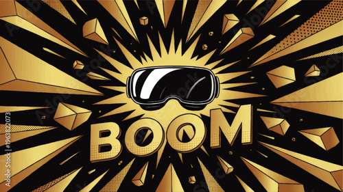 Retro comic boom explosion with golden virtual reality goggles and dynamic rays on black background, pop art gaming illustration