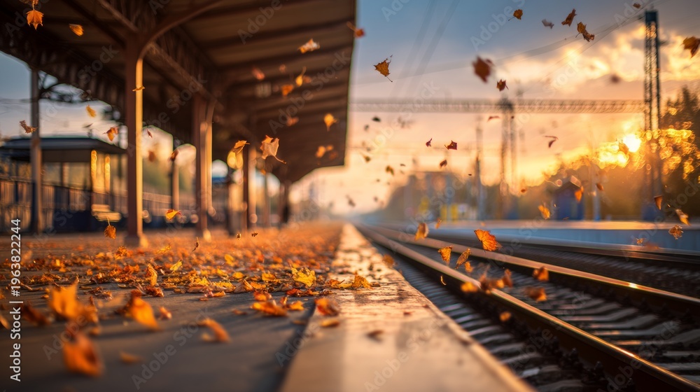 Obraz premium Bright Leaves Blowing at Train Station Platform During Golden Hour Light
