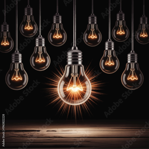 Glowing light bulb leadership concept on dark background, standout idea and innovation symbol above wooden table, creativity inspiration