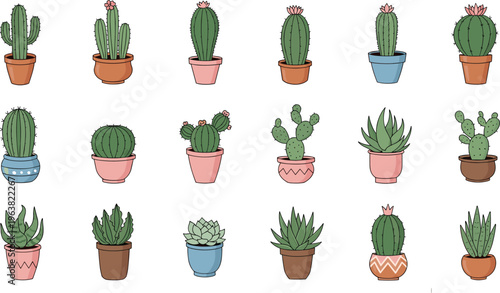 Cute cactus and succulent plants collection in pots, hand drawn desert houseplants set, decorative botanical vector illustration isolated on white background